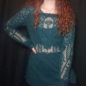 SOLD Lace Mesh Teal floral long sleeve top